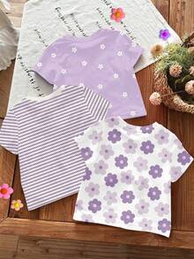 SHEIN LMoss Kids 3件套可爱花卉系列奶油紫、紫色条纹、紫色圆领短袖百搭T恤，适合日常、居家、度假、搭配，轻松舒适，可叠穿，时尚女孩，休闲装，儿童花卉图案服装，别致秋季，时尚冬季，新款，清凉舒适 - 彩色 - 查看 2