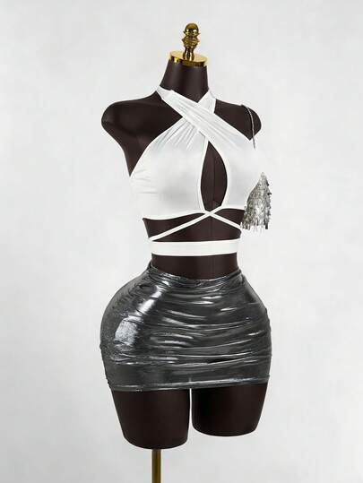 SaltGleam SaltGleam Women's Fashion Hollow Cross Halter Neck Tank Top, Solid Color Bandage Strap Casual Streetwear Versatile Blouse