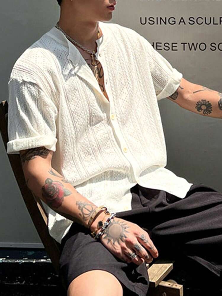 Men's White Short Sleeve Cardigan Knit Top, Summer