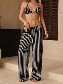 Swim Chiccia 女士夏季沙滩条纹性感比基尼泳装套装（含泳裤），2026新款女士泳装，适合上学、度假、约会、下午茶、西式、邮轮、海滩、海岛、公路旅行、四季皆宜、音乐节、波西米亚风度假、秋日休闲、西部波西米亚风，优雅女士上衣 - 黑與白 - 查看 5