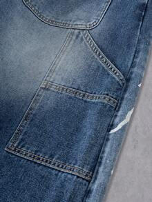 Manfinity Denimwave Quần jeans ống rộng dáng suông, in họa tiết tia chớp, phong cách thường ngày, dành cho nam giới, thích hợp mặc đi làm hàng ngày. - Màu xanh lam - Xem 3