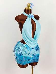 Amplova 女士深V领碎花上衣搭配亮片迷你裙两件套，性感露背设计，适合度假、早春休闲穿着 - 藍色 - 查看 9