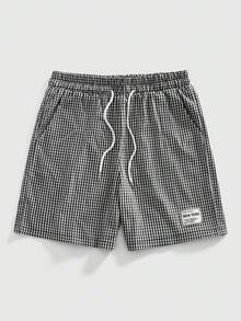 ROMWE MEN Essentials Men's Plaid Print Patch Drawstring Waist Slant Pocket Casual Shorts - Black and White - View 1
