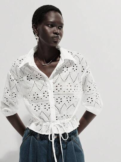 Lumivelle Women's Elegant Cinched Waist Embroidered Blouse, Suitable For Spring/Summer Vacation