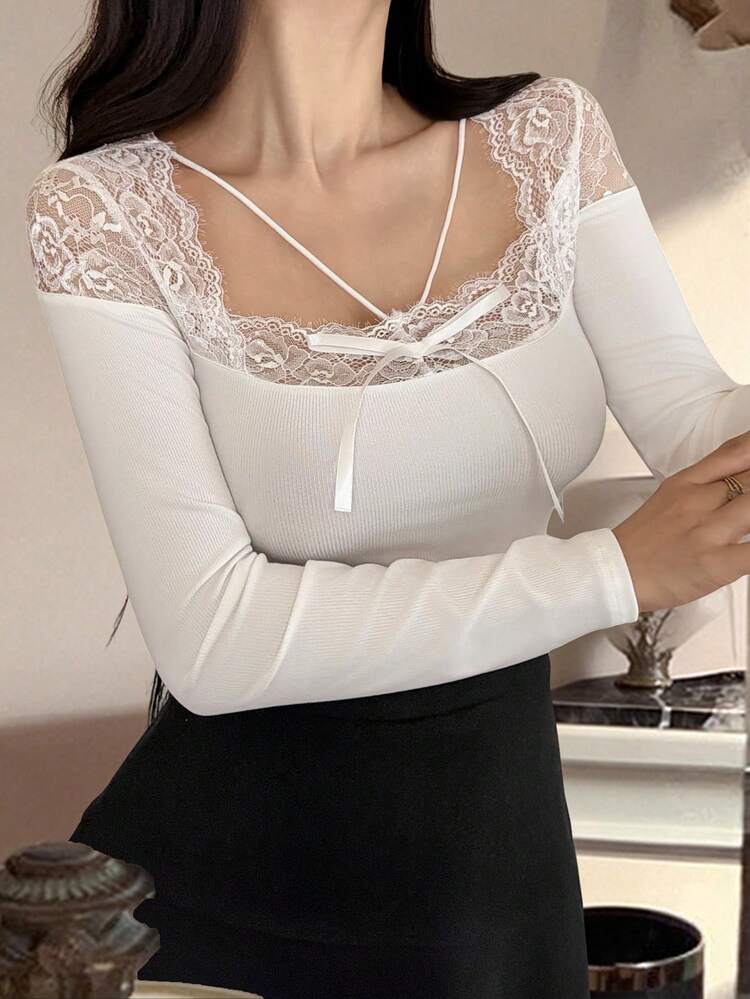 Women's Solid Color Square Neck Lace Patchwork Fitted Long Sleeve T-Shirt