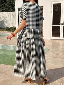 Livesso Vestido midi de línea A con cintura ceñida y cuello en V a cuadros para mujer, vestido de verano holgado - Blanco y Negro - Ver 4