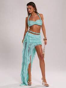 SHEIN X YERIMUA SHEIN BAE 女士春夏度假扭结装饰蕾丝荷叶边不对称半身裙，适合度假、休闲、海滩度假，蕾丝荷叶边裙，性感优雅，音乐节必备，适合海滩度假穿着。 - 薄荷綠 - 查看 7