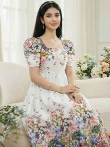 SHEIN 少女优雅印花方领收腰修身A字连衣裙，夏季 - 白色 - 查看 4