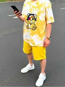 SHEIN 2件套青少年男童休闲熊印花圆领短袖T恤和短裤套装，适合春夏季节、日常穿着、运动、郊游、上学、聚会、节日、拍照等场合。 - 彩色 - 查看 6