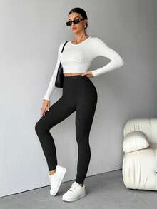 SHEIN Tall Women Ribbed High Waist Leggings Four Seasons - Black - View 8
