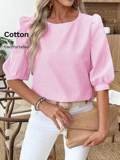 EMERY ROSE Pink Stripe Puff Sleeve Blouse With Button Detail And Round Neck For Casual Wear Pink Striped Top Puff Sleeve Top Summer Top Pink Blouse Striped Blouse