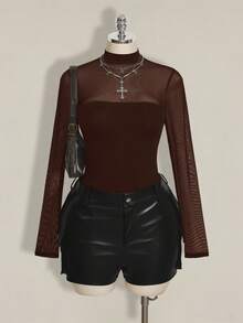 SHEIN ICON 大码 Y2K 性感网纱拼接连体衣 - 棕色 - 查看 2