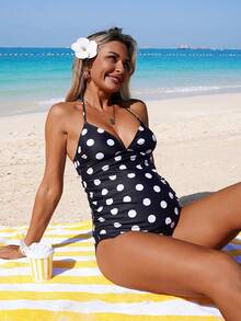 SHEIN 孕妇波点印花吊带背心式泳衣套装，适合海滩度假 - 黑與白 - 查看 8