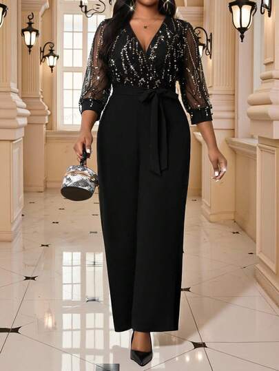 Fleurora 大码女式亮片拼接流苏V领七分袖阔腿优雅连体裤