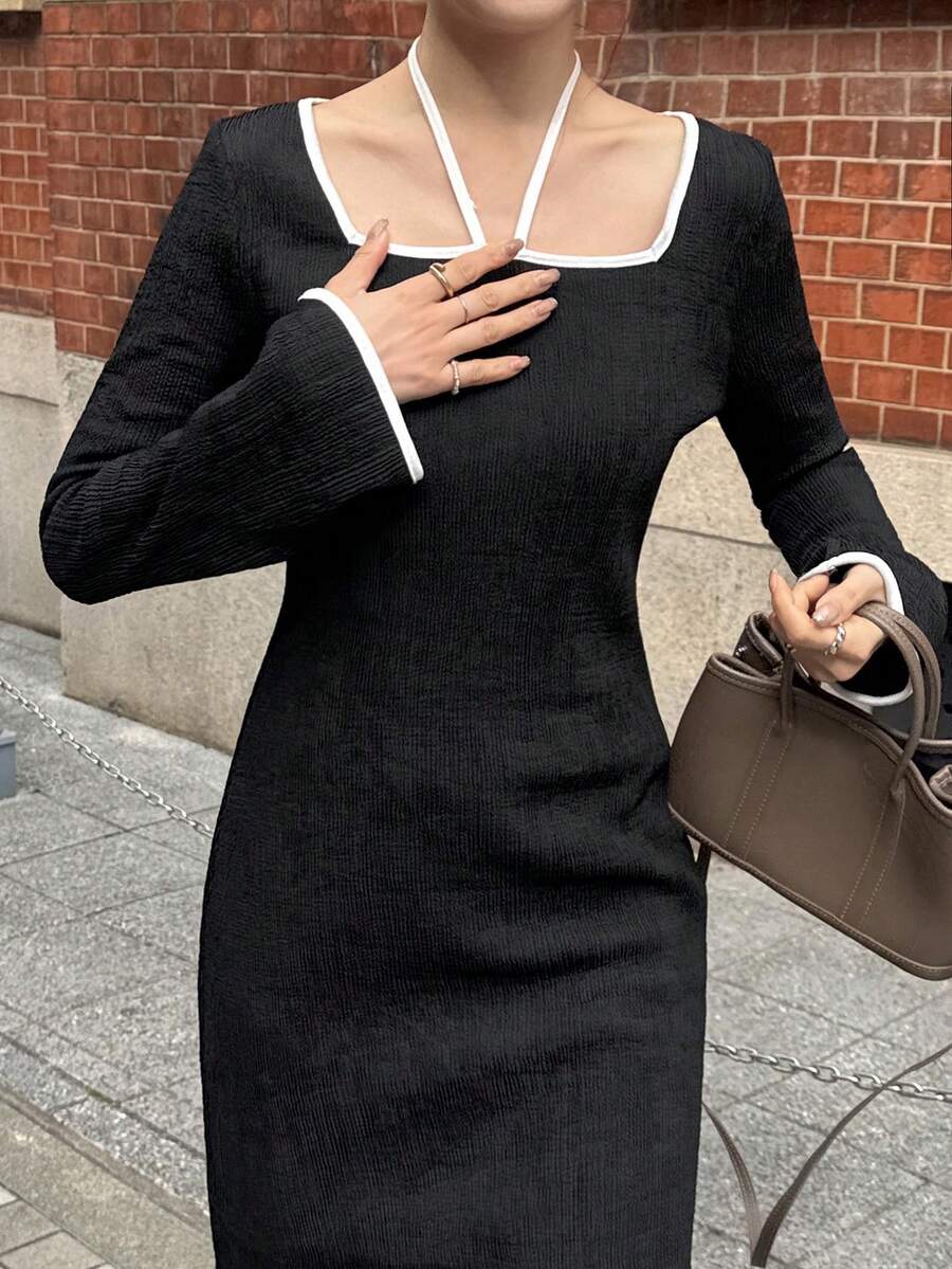 FRIFUL Women's Square Neck Criss-Cross Strap Patchwork Textured Dress Sundress - Black - View 1