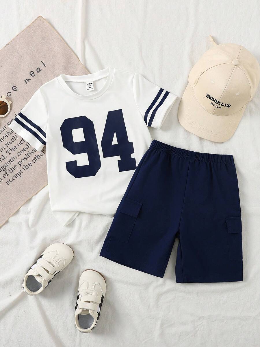 SHEIN Explorewe Toddler Boys' Letter 94 Print T-Shirt And Khaki Cargo Shorts 2-Piece Set, Vintage Casual Outfit - Navy Blue - View 1