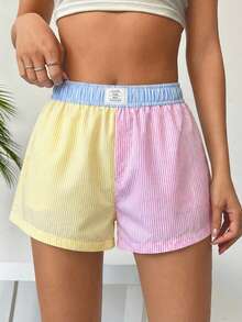 Comfortcana Women's Multicolor Striped Print Letter Patchwork Detail Shorts, Summer - Multicolor - View 7