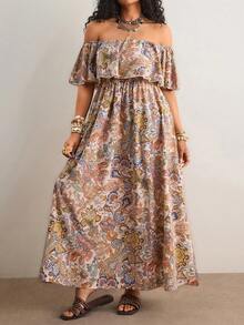 Freevana 大码女式豹纹露肩荷叶边腰部A字型长连衣裙，热带浪漫休闲西式连衣裙 - 彩色 - 查看 8