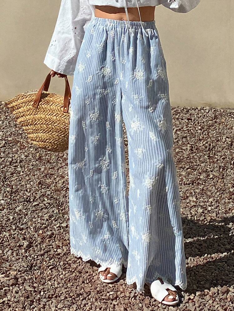 Striped Jacquard Loose Wide Leg Cropped Pants, Casual Resort Wear For Women, Spring/Summer