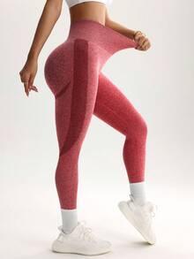SHEIN Sports 女士高腰无缝紧身裤 - 收腹提臀，适合跑步、骑行、瑜伽、匹克球等运动休闲穿着 - 紅色 - 查看 3