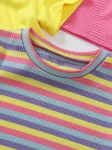 SHEIN Genkimix Kids 4件装女童露脐短袖T恤，亮黄色/浅紫色/条纹/粉色可选，搭配高腰裤，打造青春活力造型，适合日常休闲穿着、户外活动、夏季聚会、返校季等场合。 - 彩色 - 查看 3