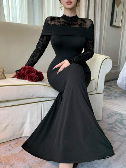 DAZY Spring & Summer Black Ditsy Floral Straight Off Shoulder Patchwork Dress, Elegant For Valentine's Day, Wedding, Party, Fashion Event, Slim Fit Thin Mermaid Maxi Dress With Long Sleeves