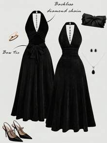 SHEIN MOD Women's Solid Color Halter Midi Dress - Black - View 3