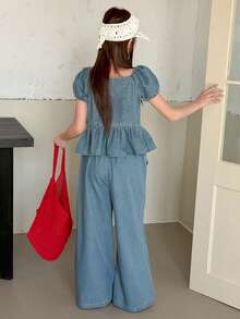 DAZY 少女休闲度假日常通勤圆领泡泡袖荷叶边牛仔上衣和阔腿牛仔裤套装，春夏款 - 藍色 - 查看 5