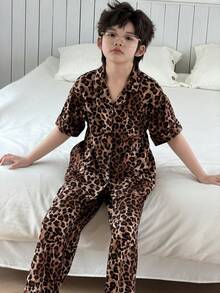 DAZY Tween Boy Leopard Print Single-Breasted Short Sleeve Top And Wide Leg Pants Casual Loungewear Pajama Set - Brown - View 1