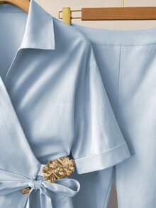 GlowEve Spring/Summer New Blue Short Sleeve Collared Shirt With Metal Buttons, Irregular Button Design, Elegant, Versatile, Paired With High Waist Flared Casual Pants, Simple Commuter Women 2 Pieces Set - Blue - View 3