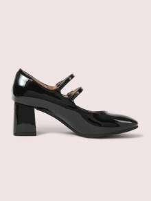 CUCCOO DOLLMOD College Patent Leather High-Heeled Mary Jane Autumn Shoes Pointed Toe Double Buckle With Versatile Thick Heel Shoes Femininity Evening Wind Women's Shoes Valentine's Day - Black - View 10