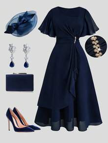 EMERY ROSE Đầm maxi dáng chữ A bất đối xứng tay ngắn, màu trơn, chất liệu chiffon, cổ bèo nhún, eo xếp ly, đính ngọc trai ánh kim, dành cho nữ cỡ lớn, thanh lịch, thích hợp cho kỳ nghỉ, tiệc tùng, hẹn hò. - Màu xanh hải quân - Xem 3