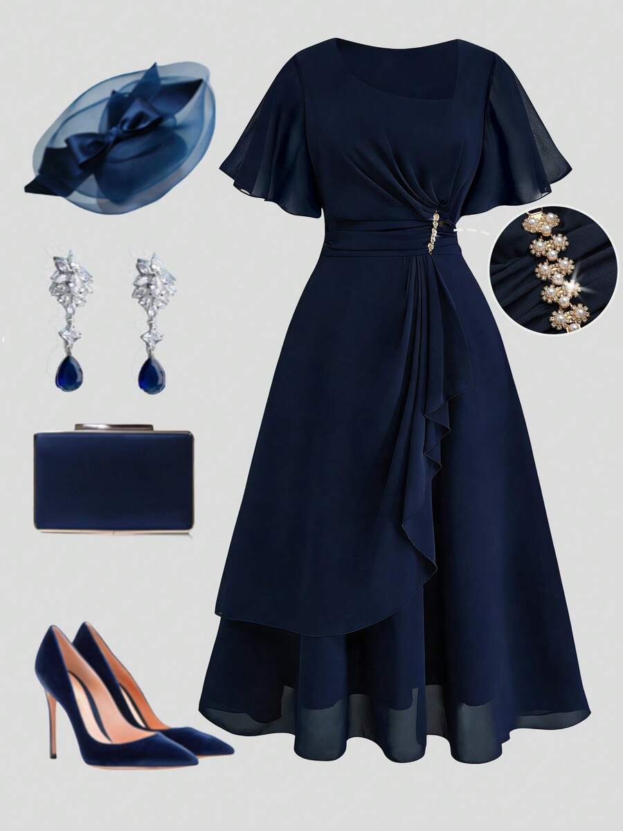 EMERY ROSE 大码女式纯色雪纺不对称荷叶边领短袖褶裥腰身不规则A字型金属珍珠装饰优雅长裙，适合度假、派对、约会 - 藏蓝色 - 查看 1