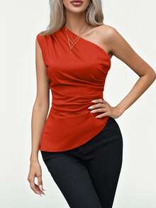 Aveloria Modichic Women's Solid Color Asymmetric Hem Ruched Shoulder Top, Suitable For Spring And Summer - Coral Orange - View 6