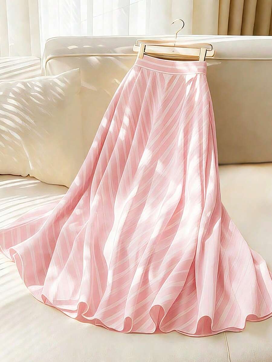 Elenzga Women's Striped Print Elegant & Fashionable A-Line Skirt, Spring/Summer - Pink - View 1