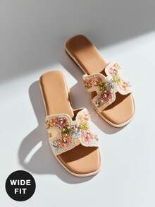 SHUZIA Sandal đế bằng nữ dáng rộng, thoải mái, họa tiết hoa móc len đính ngọc trai. - Màu be - Xem 8