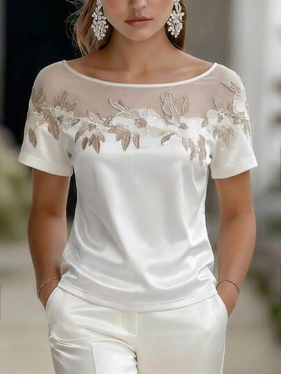 Balvessa Women's Elegant Round Neck Fitted Daily, Vacation, Casual, Party Floral Decor Satin Blouse, High Quality Craftsmanship, Spring/Summer Casual Wear