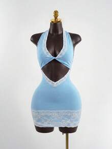 SaltGleam SaltGleam Vestido de verano para mujer con contraste de encaje, escote halter y espalda descubierta - Celeste - Ver 3