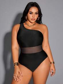 Shapewave Plus Size Women Solid Color Contrast Mesh One-Piece Swimsuit, Fashionable For Vacation - Black - View 3