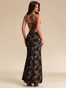 SHEIN BAE Abito da donna nero in pizzo, con schiena scoperta, spalline incrociate, elegante stile sirena, adatto per feste, vacanze, banchetti, matrimoni, uscite serali, appuntamenti romantici - nero - Visualizzare 2