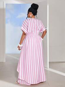 Maweii Ensemble cardigan rose rayé à nouer grande taille - Rose bonbon - Voir 6