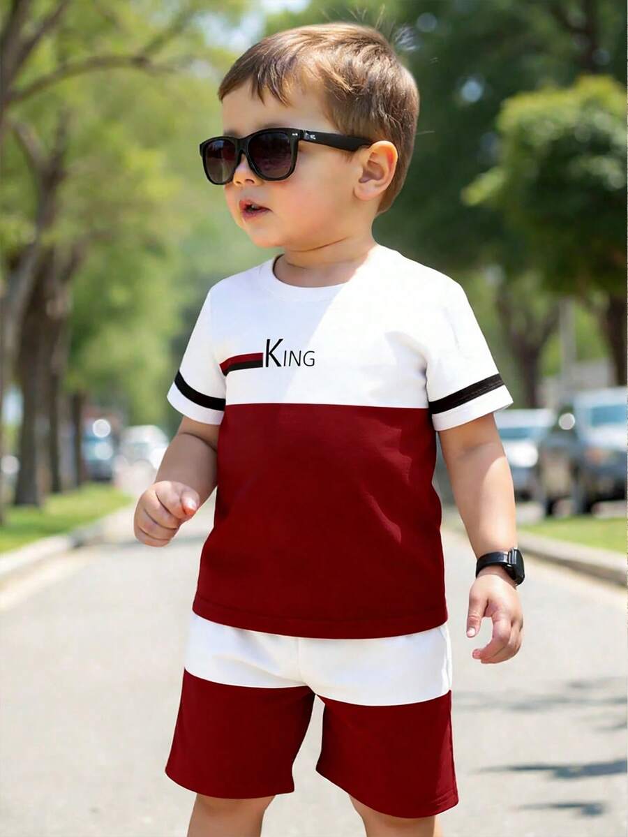 2件套幼儿男童休闲条纹字母印花短袖T恤和短裤套装，舒适百搭，适合春夏季日常穿着 - 彩色 - 查看 1