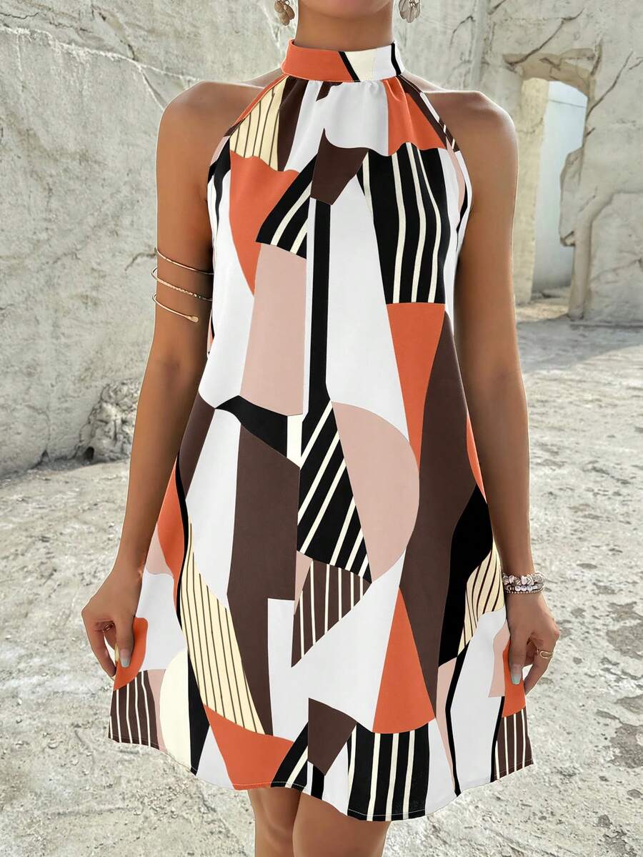 Breezaya 几何印花露背连衣裙度假沙滩装女装 - 亮橙色 - 查看 1