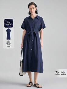 Ontre 2026新款亚麻混纺梭织面料女士浪漫系带A字连衣裙，藏蓝色，适合情人节、婚礼季、独立日、都市时尚、简约时尚通勤装、女士假日装扮 - 藏蓝色 - 查看 1