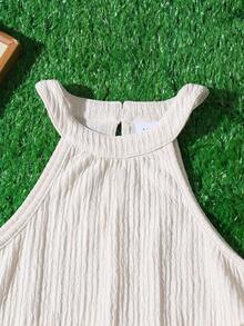 1 Set Gentle Minimalist Ribbed Texture Sleeveless Top + Wide Leg Pants Suit, Casual Outfit For Daily Wear And Dates, Spring/Summer/Autumn - Apricot - View 3