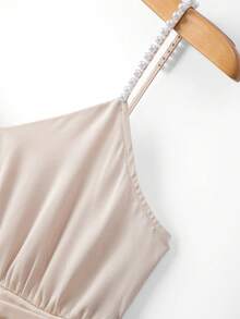 GlowEve Women's Champagne Beaded Shirred Shirred A-Line Dress, Romantic Sophisticated Elegant Satin Spring/Summer Dress - Champagne - View 6