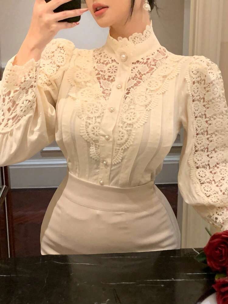 Women's Lace Patchwork Petal Sleeve Loose Blouse