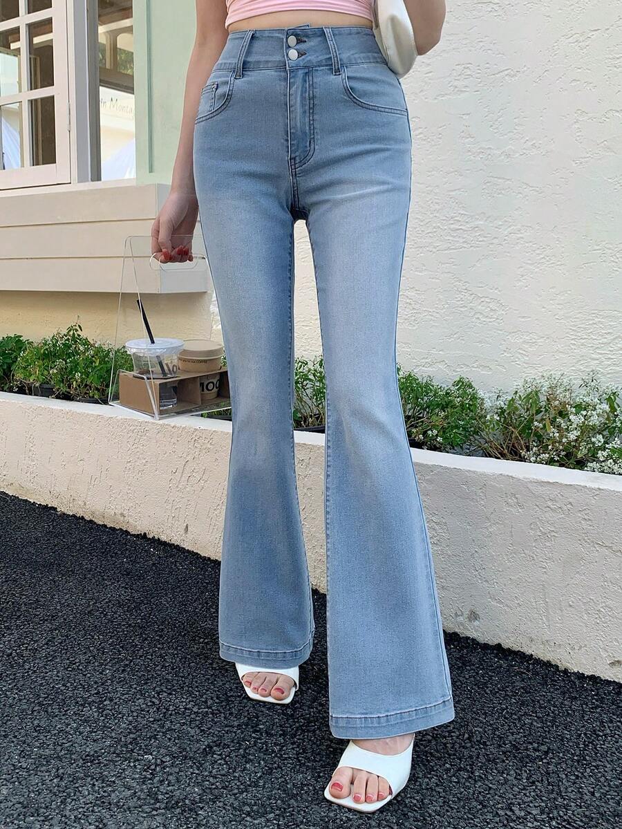 DAZY 女士优雅水洗喇叭牛仔裤，春季必备 - 中等水洗藍 - 查看 1