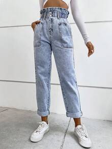 SHEIN Tall Women's Casual Paperbag Waist Jeans - Light Wash - View 3
