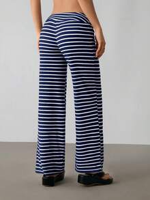 SHEIN PETITE Women's Low Waist Striped Brushed Drawstring Yoga Loose Pants For Home - Navy Blue - View 3
